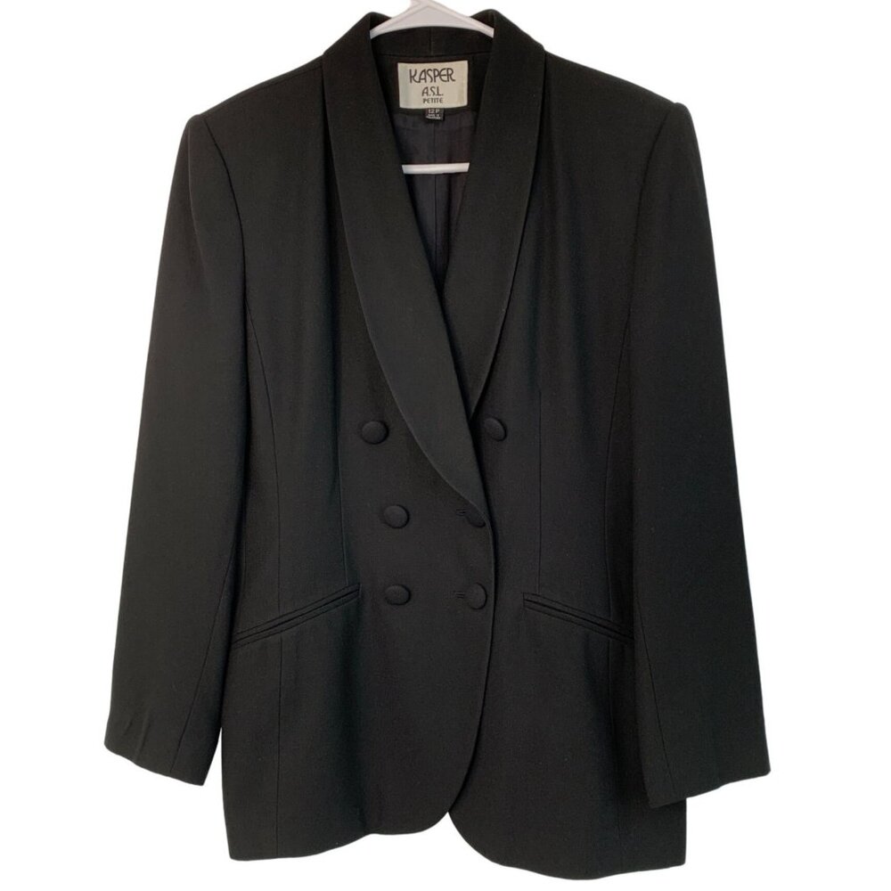 Kasper A.S.L. Petite Women's Black Blazer 12P Double-Breasted 7200 Tux